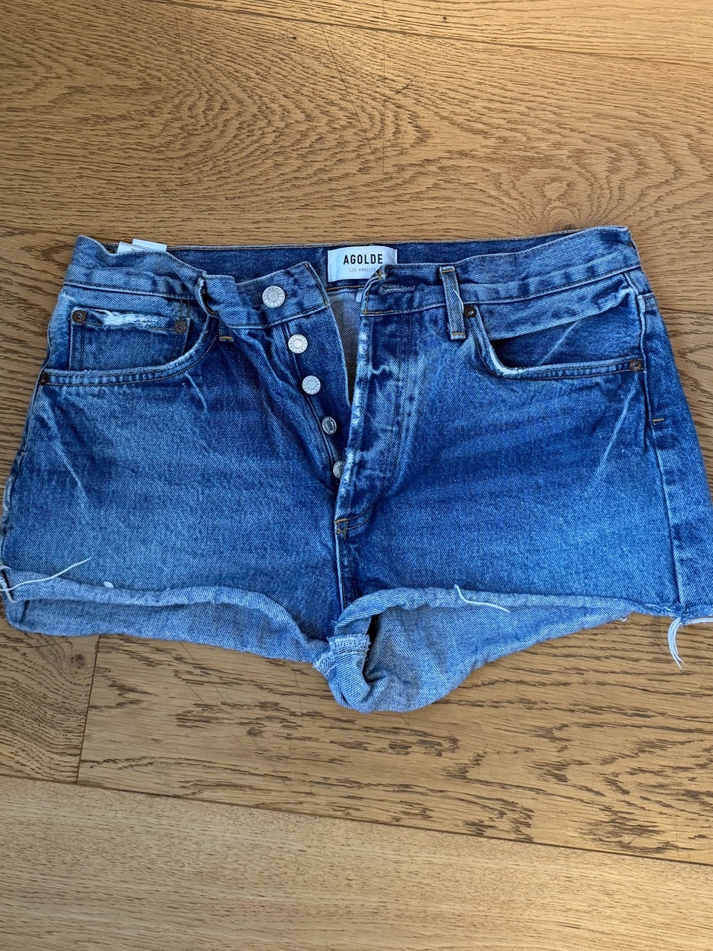 AGOLDE Washed Blue High-Rise Denim Cutoff Shorts